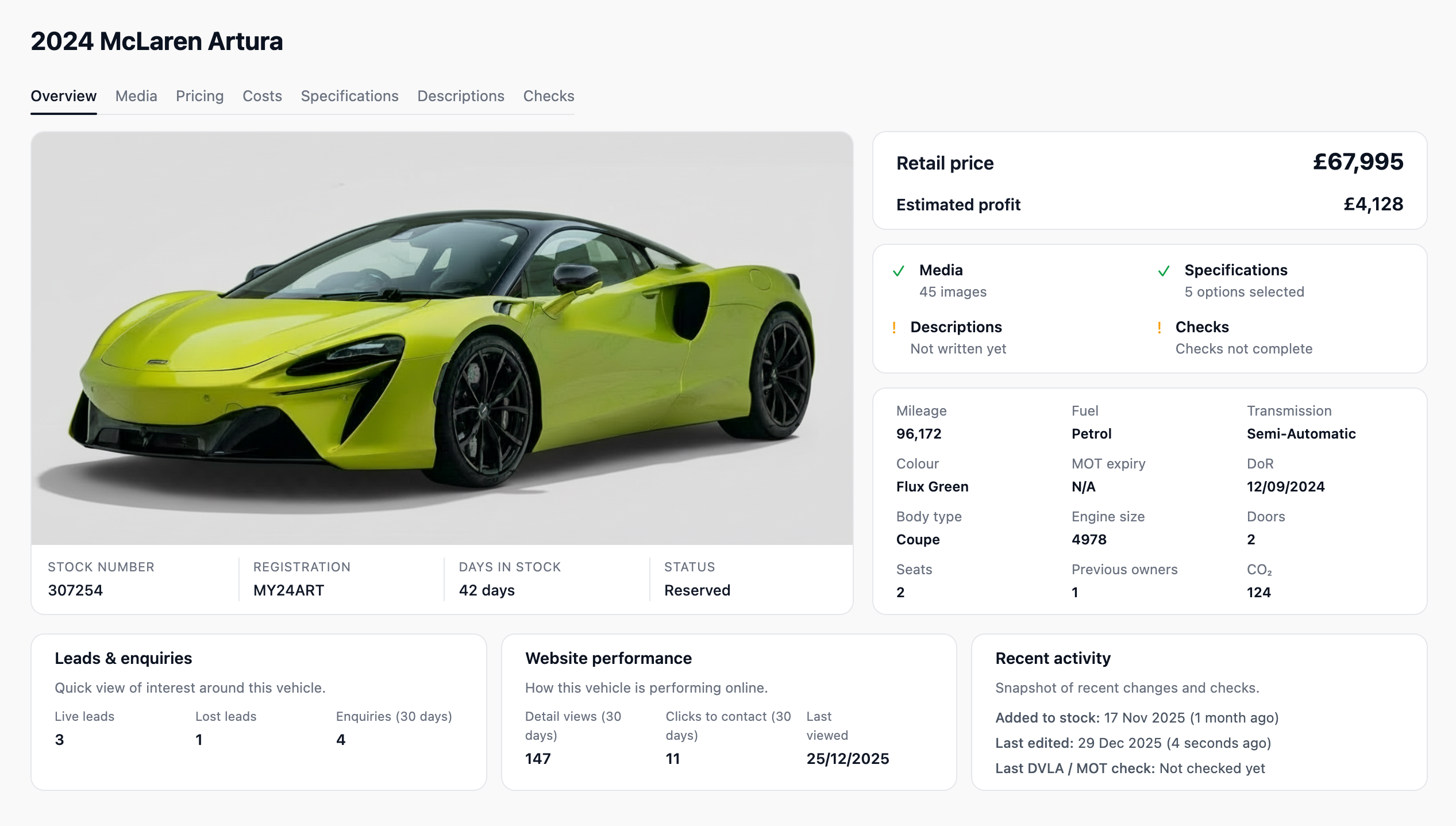 DealerStack stock and vehicle overview